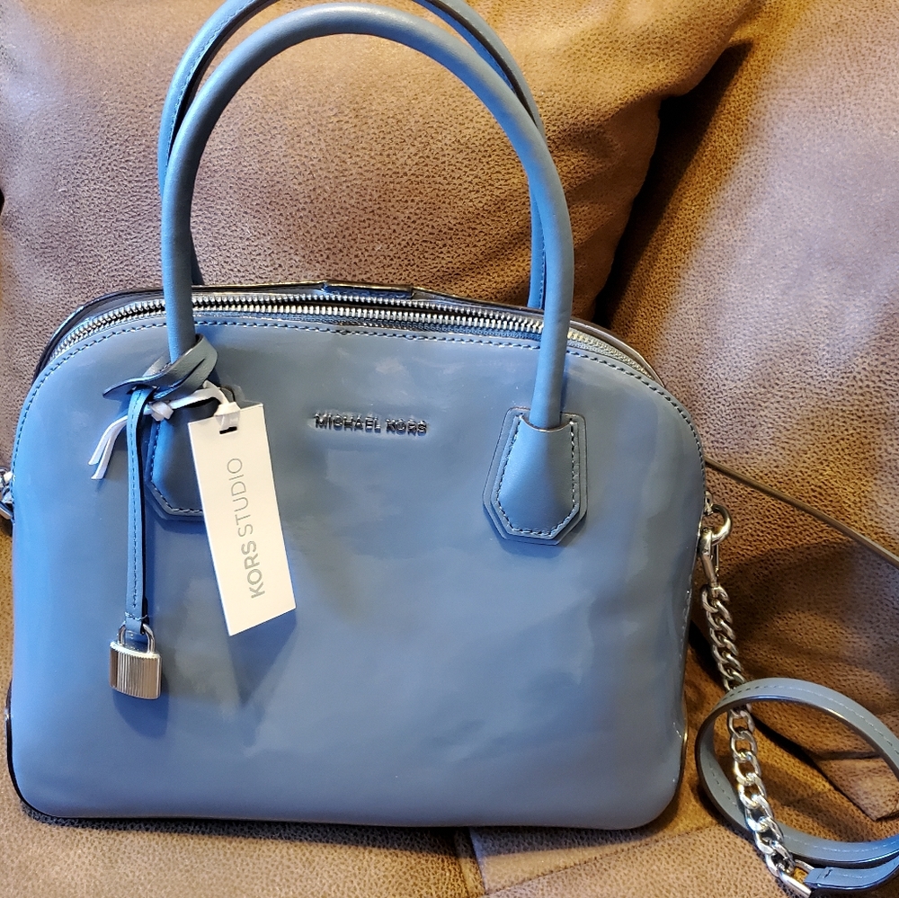 Michael Kors dome satchel patent leather denim blue